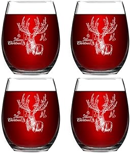 Christmas Reindeer Stemless Wine Glass Set, 15 Oz Stemless Wine Glasses for Women Friends Men, Wonderful Christmas Idea for Mom Wife Girlfriend Sister Wedding Birthday Party, Set of 4
