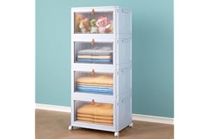 WISE OANNES 4 Tier Stackable Plastic Storage Bins with Lid and Wheels - 23 QT Closet Organizers and Storage, Foldable Storage Containers, Organization and Storage Boxes for Craft, Home, Pantry, Dorm,Grey