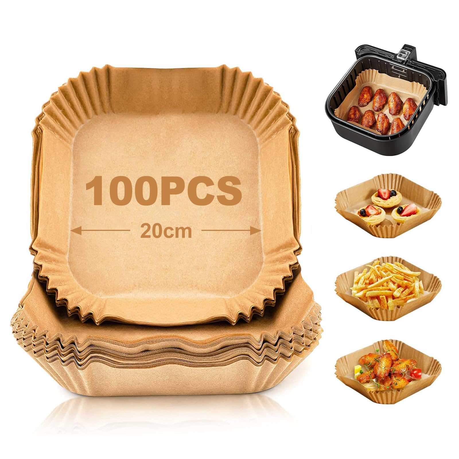 logei Logei Baking Paper for Hot Air Fryer, Pack of 100 20 cm Square Baking Paper, Non-Stick, Waterproof, Oilproof, Disposable Air Fryer, Parchment Paper Liner for Hot Air Fryer, Frying Pan, Oven, Mic
