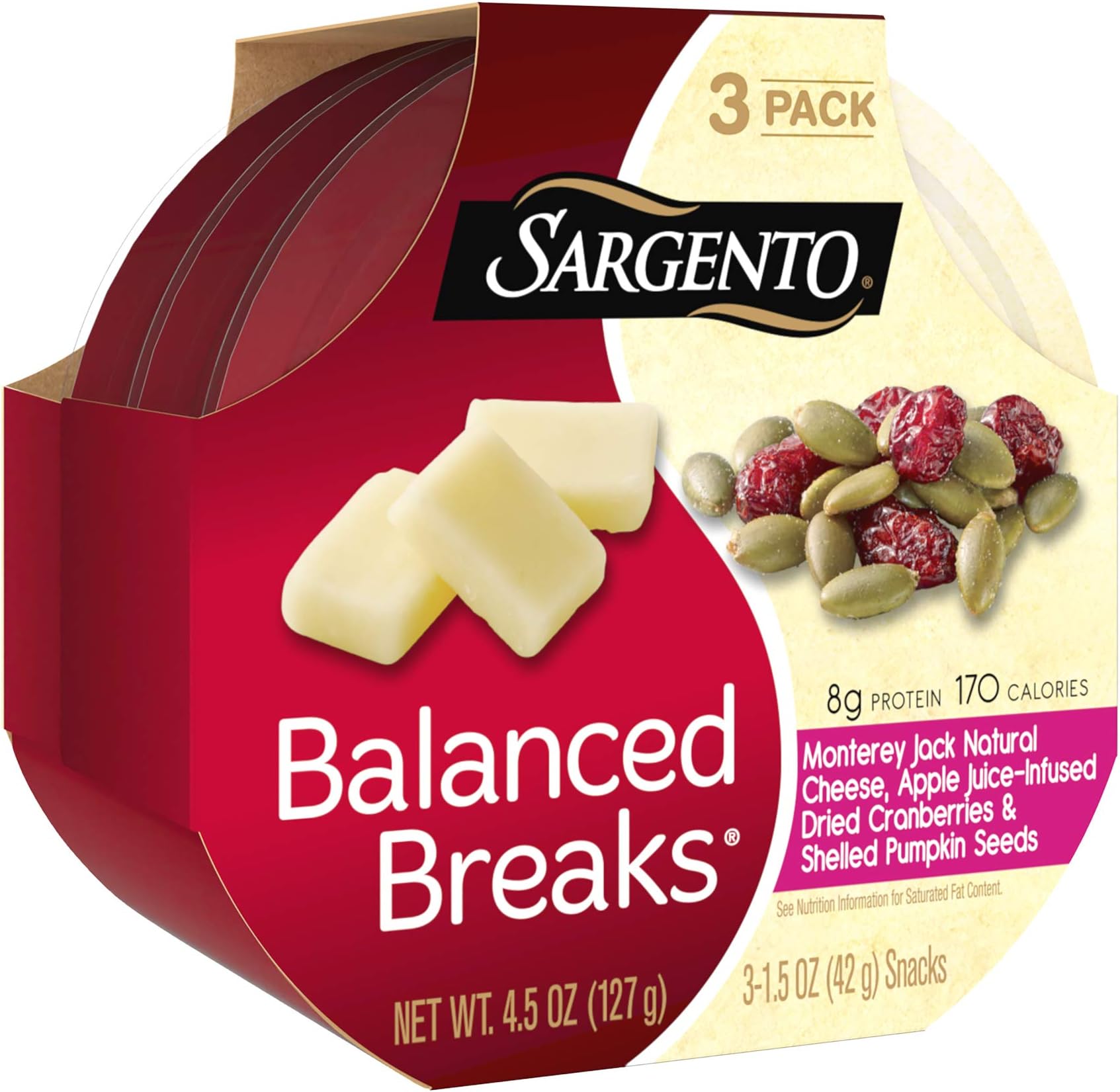 Sargento Balanced Breaks Monterey Jack Natural Cheese with Shelled Pumpkin Seeds and Apple Juice-Infused Dried Cranberries, 1.5 oz, 3-Pack