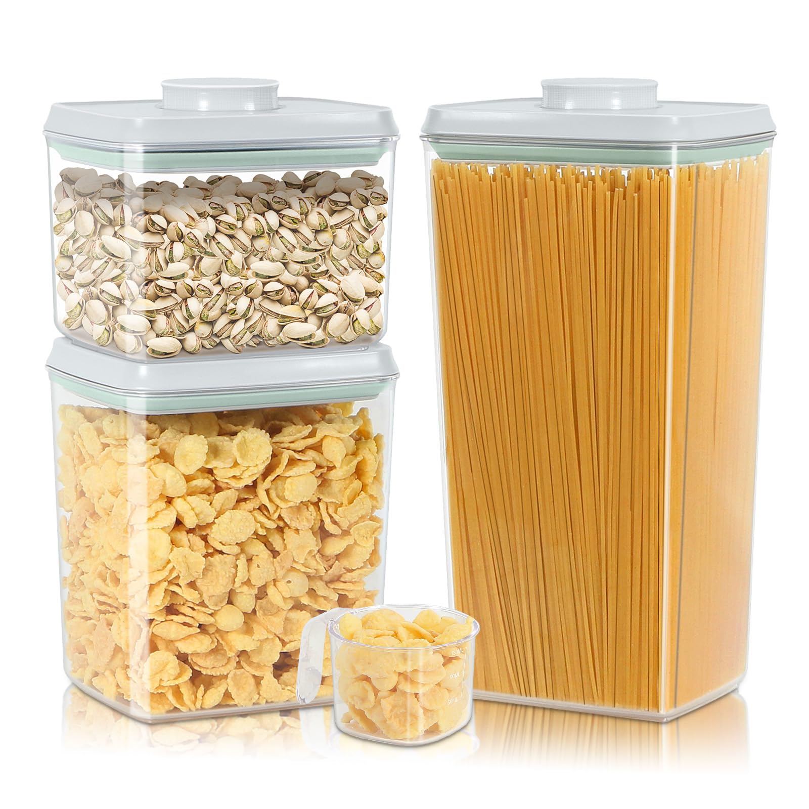 Photo 1 of 3 Pack Flour and Sugar Storage Containers with Pop-up Lid, 1.26Qt + 2.11Qt + 3.48Qt Food Storage Container for Rice, Spaghetti, Pasta, Nuts, Snack, Candy, Dog Treat, Kitchen Pantry Organization