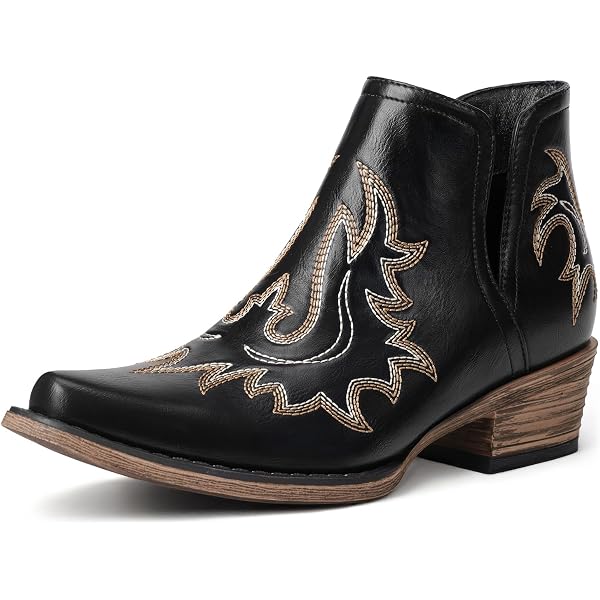 Keleimusi Women's Western Cowgirl Ankle Boots - Chunky Heel, Steel Toe, Back Zipper, Fisherman Style Booties