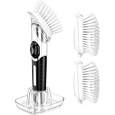 HOMSIER Soap Dispensing Dish Brush with Holder &amp; 2 Brush Refill Heads | Dish Scrubber with Soap Dispenser, Non-Slip Handle, Leak-proof Dish Wand, Kitchen Brush Storage Set for Pan Pot Sink Cleaning