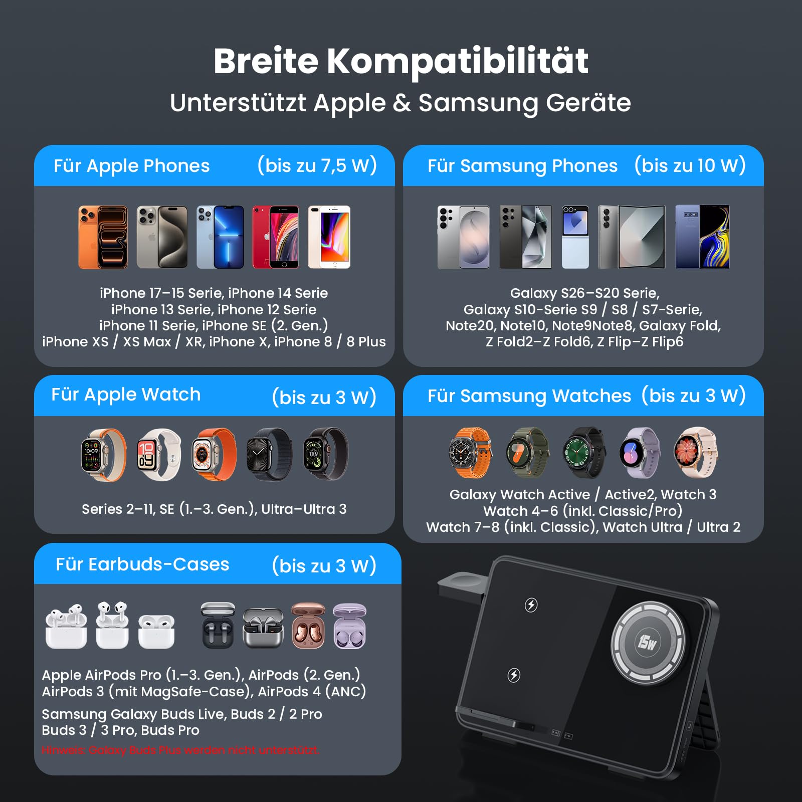 Dual Induktive Ladestation für iPhone & Samsung – Faltbarer 4-in-1 Wireless Charger mit Nachtlicht für Apple Watch & AirPods, reisefreundlich, inkl. PD 30W Adapter, Schnellladen kompatibel 3