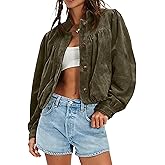 D Pastizales Womens Cropped Faux Suede Jacket Puffed Long Sleeve Stand Collar Button Down Pilot Jackets Coat