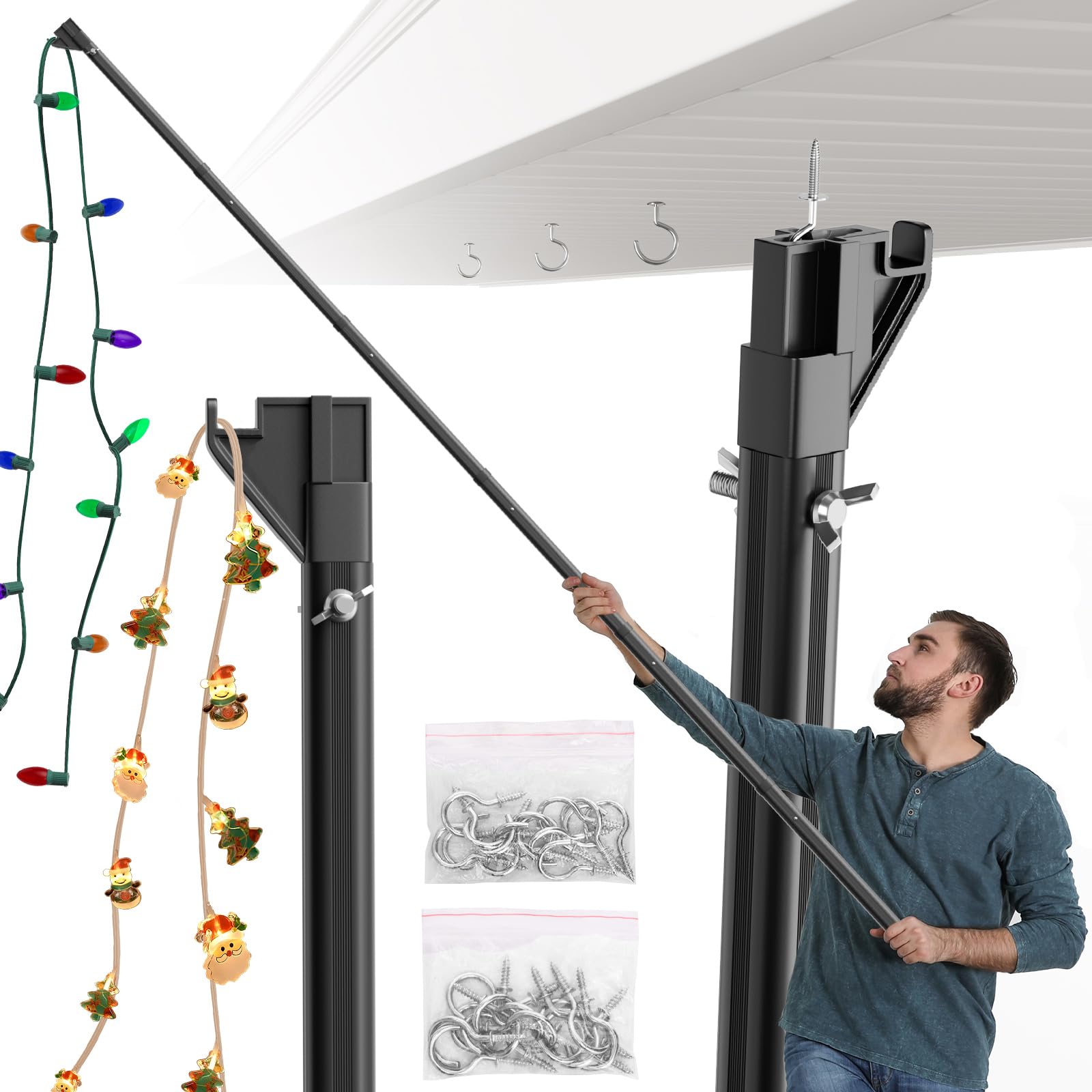 Photo 1 of addlon Telescopic Extension Pole for Hanging Christmas Lights and Mounting Screw Hooks,5.5FT Christmas Light Hanger Poles with Utility Hook for String Lights and Birdfeeders Installation