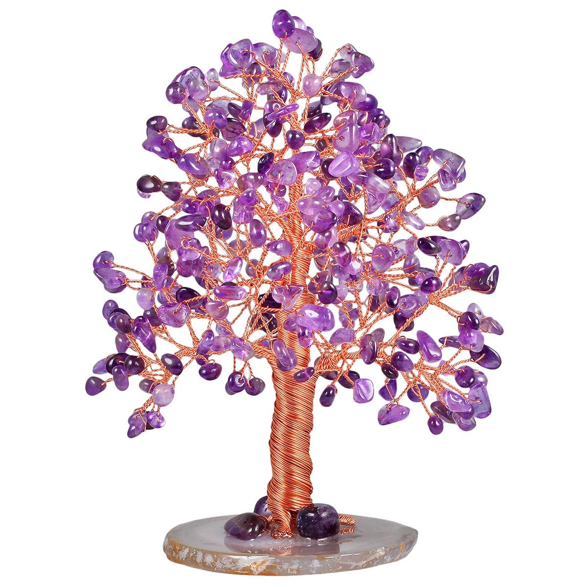 mookaitedecor Natural Amethyst Tumbled Stone Money Tree, Gemstone Feng Shui Ornaments Healing Crystal Tree of Life Gift Purple Bedroom Living Room Accessories Good Luck Decoration, Agate Slice Stand