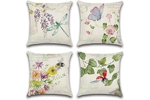 Artscope Set of 4 Spring Waterproof Throw Pillow Covers 18x18 Inches, Flowers and Plant Insects Pattern Decorative Cushion Covers for Outdoor Patio Garden Living Room Sofa Farmhouse Decor
