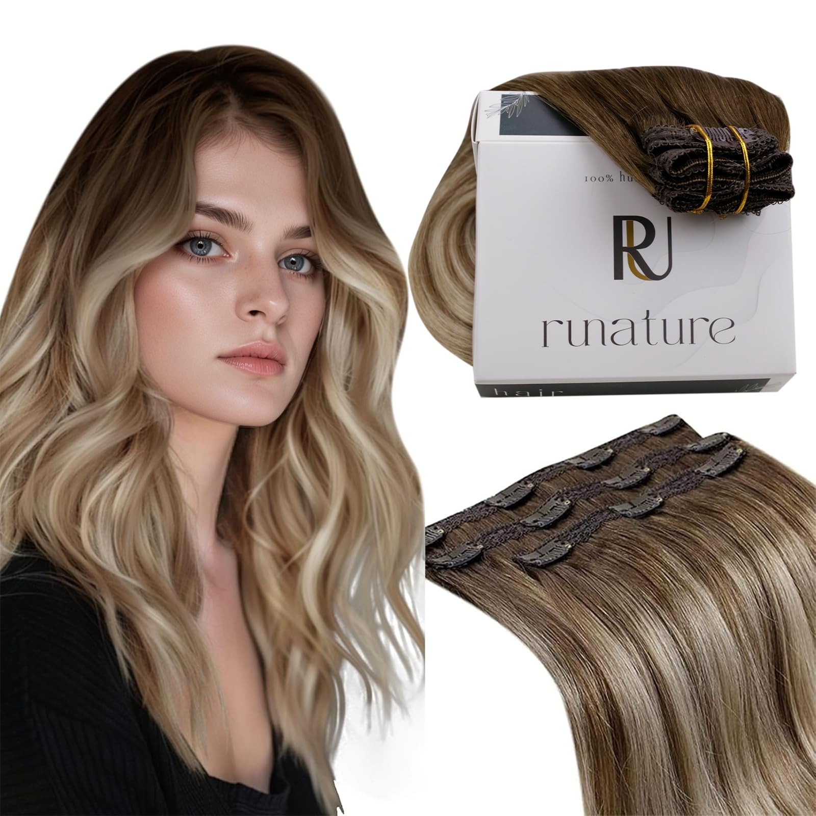 RUNATURE Clip in Hair Extensions Human Hair Balayage Clip Hair Extensions Ombre Brown to Light Brown with Golden Blonde Double Weft Hair Extensions Clip in 12inch 3Pcs 50G #3/8/22 — image 1