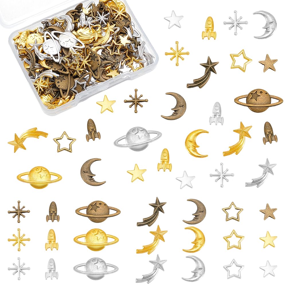 OLYCRAFT 168pcs Cosmos Themed Resin Filler 3-Color Alloy Epoxy Resin Supplies Star Moon Spaceship Filling Accessories for Epoxy Craft Jewelry Making