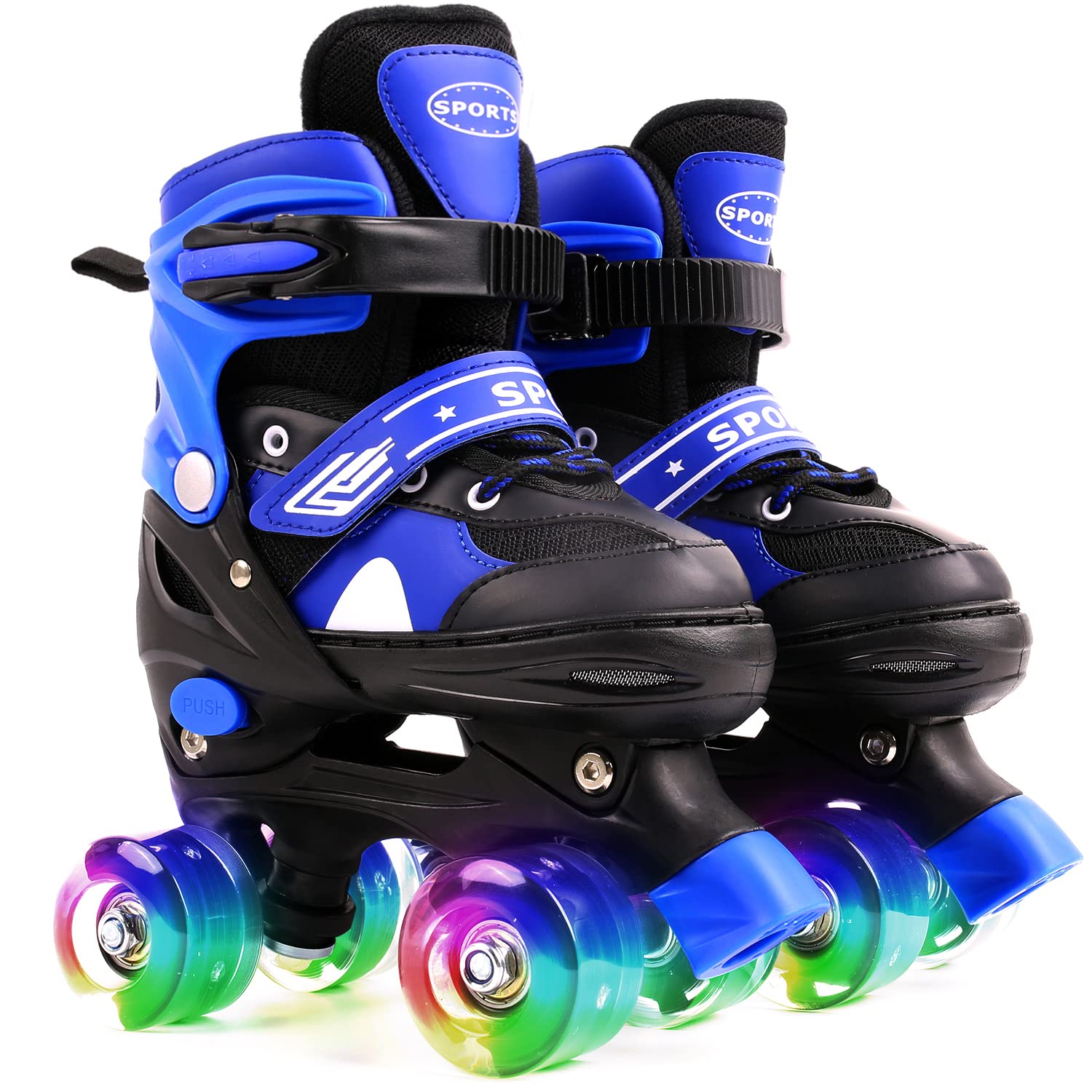 Ceestyle Adjustable Quad Roller Skates Kids, Illuminating Light Up Wheels, With Built In Adjusters Kids Roller Boots for Boys and Girls, Blue S