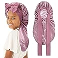 Kids Long Hair Bonnet for Sleeping - Double Layer Girls Elastic Satin Bonnet with Tie Band for Braid Curly Hair (Rose Gold+Pink)