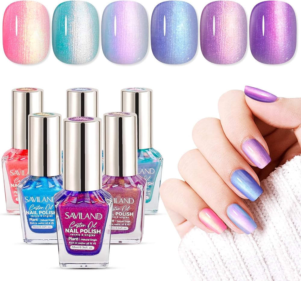 SAVILAND 6Pcs Ombre Nail Polish Set Charm Pink Blue Gold Purple | Quick Dry Pearl Summer Fingernail Polish Colors, Plant-base