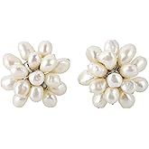 AeraVida Large Cultured Freshwater White Pearl Floral Cluster Stylish Clip On Statement Earrings | Beaded Pearl Earrings for Women | Handmade Cultured Freshwater Pearls Earrings