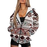 Hdjxbdhsv Women's Aztec Print Hoodies Casual Long Sleeve Zip Up Ethnic Western Drawstring Hooded Sweatshirts with Pockets