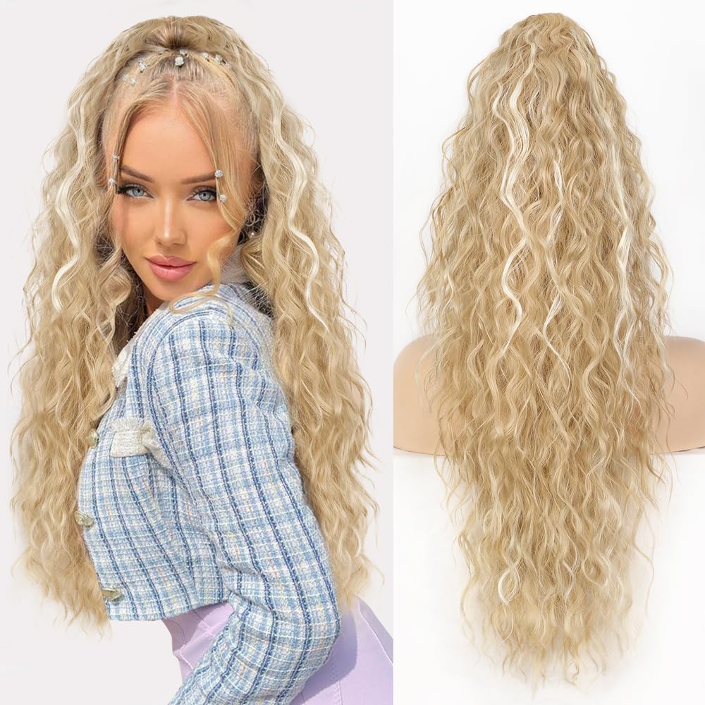 PORSMEER 30inch Long Curly Drawstring Ponytail Extension Blonde Highlights Natural Wavy Curly Synthetic Hairpiece for Women Daily Use Easy to Wear,Blonde with White Blonde — image 1