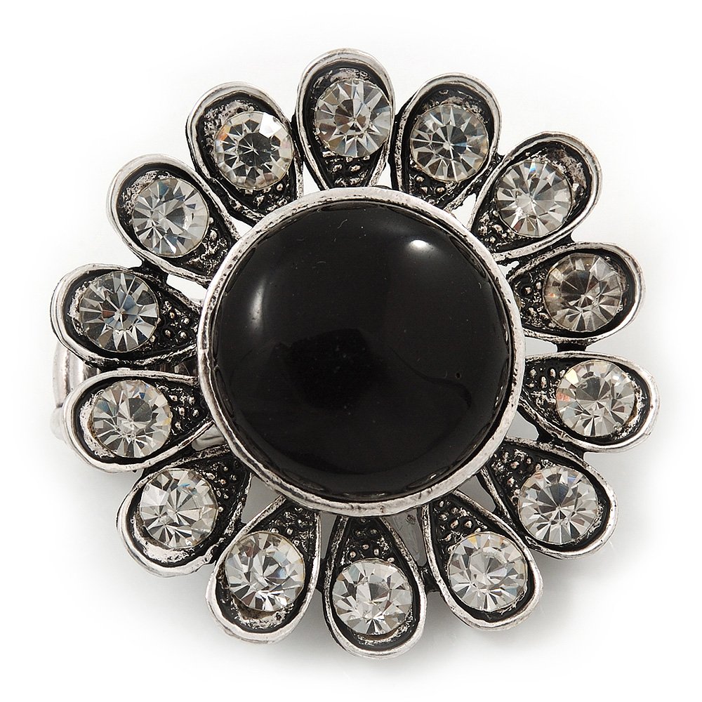 Avalaya 'Diva Blossom' Crystal and Ceramic Flower Ring (Silver Tone) - Adjustable size 7/8