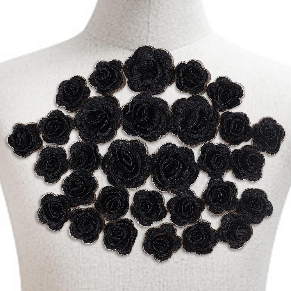 GOMAKERER 30 Pcs 3D Flower Applique Patches, Black Rose Flower Patches Floral Embroidered Appliques Sewing Dress Hats Blouses Handmade Decorative Patches for Repairing and Decorating