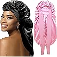 2Pcs Bonnets for Black Women Braid Bonnet, Large Long Satin Bonnet for Braids, Silk Bonnet with Stretchy Tie Band Sleep Cap Hair (2Pcs-Black&Pink)