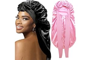 WOZUTUNT 2Pcs Bonnets for Black Women Braid Bonnet, Large Long Satin Bonnet for Braids, Silk Bonnet with Stretchy Tie Band Sleep Cap Hair (2Pcs-Black&Pink)