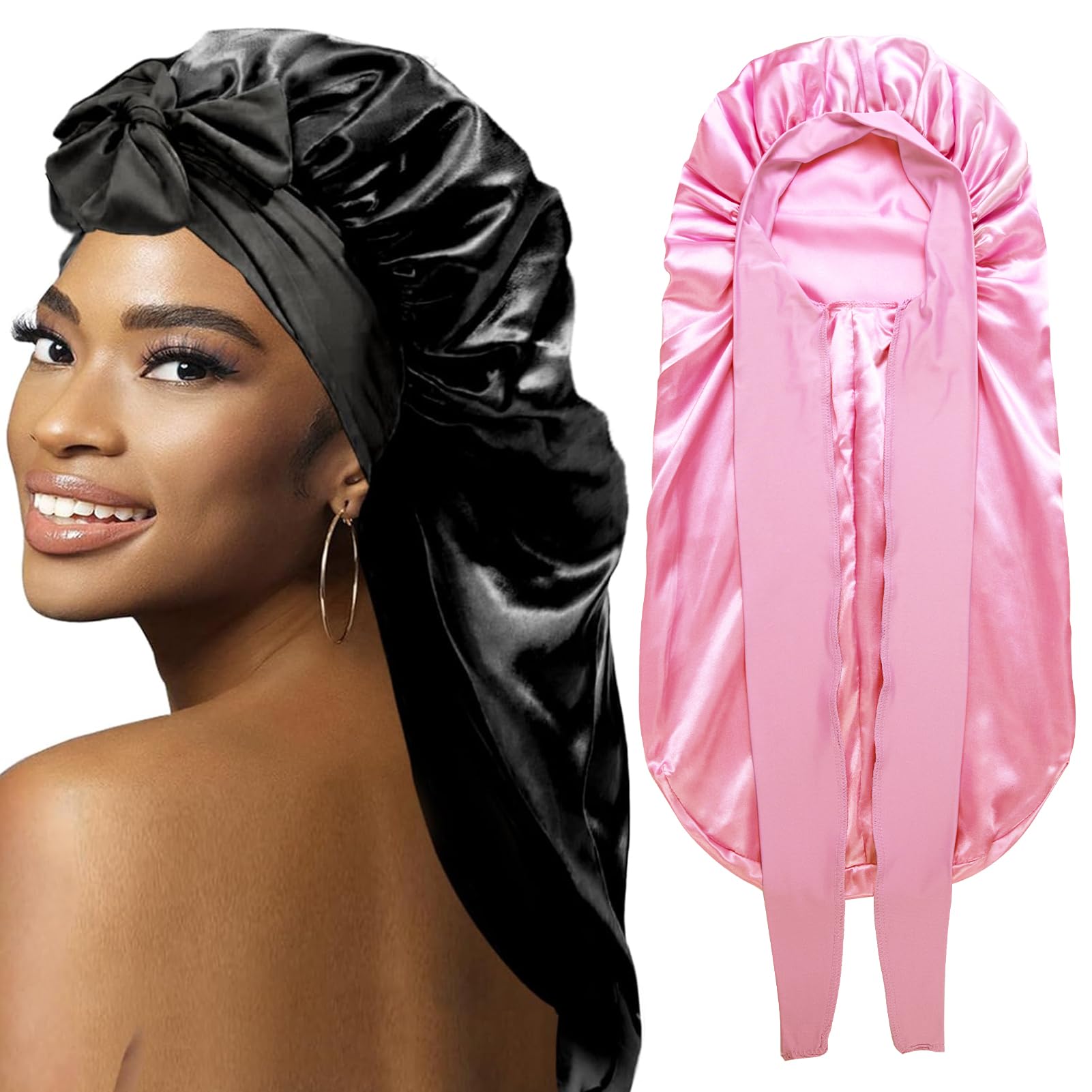 WOZUTUNT 2Pcs Bonnets for Black Women Braid Bonnet, Large Long Satin Bonnet for Braids Sleeping(Black & Pink)