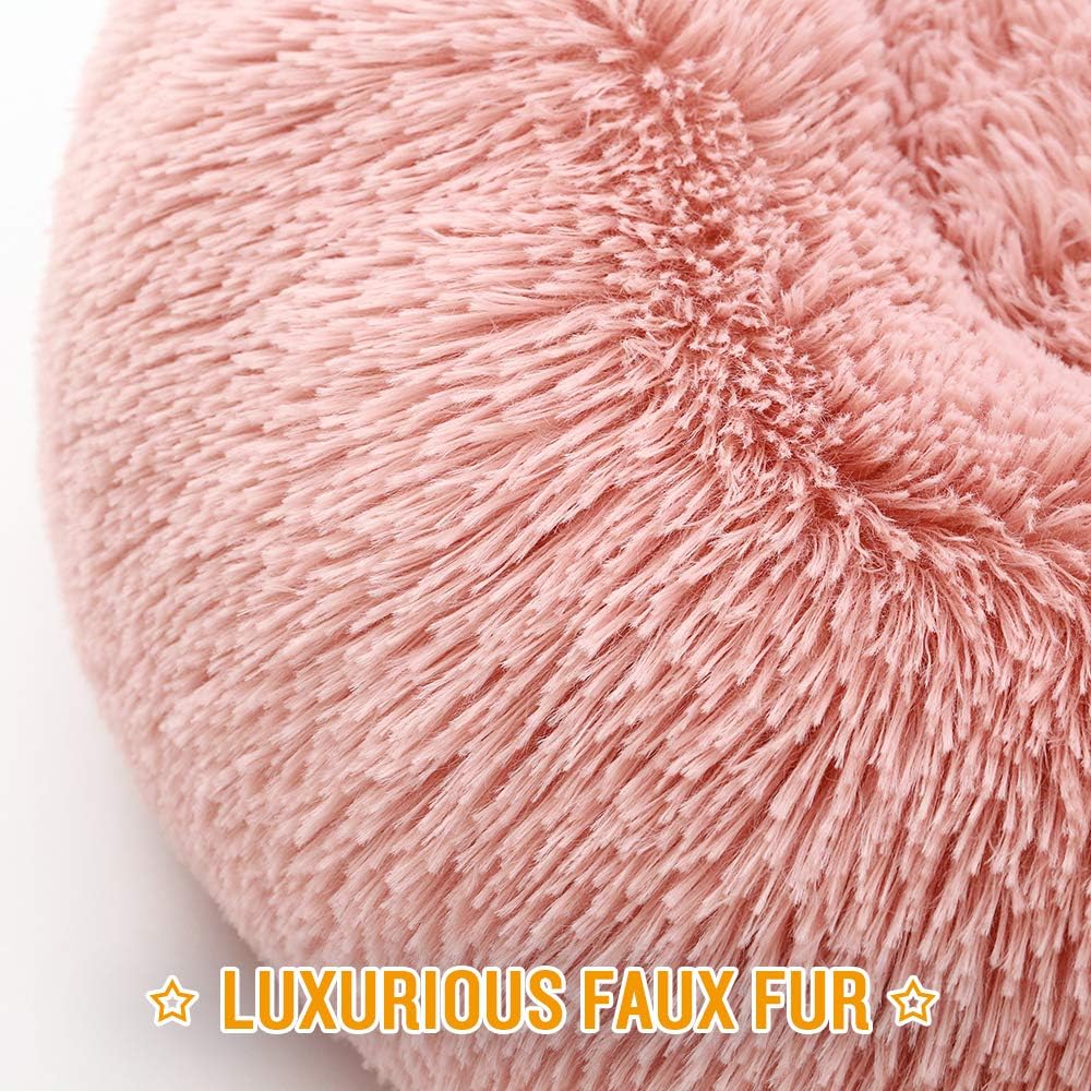 Luciphia Round Dog Cat Bed Donut Cuddler, Faux Fur Plush Pet Cushion for Large Medium Small Dogs, Self-Warming and Cozy for Improved Sleep Pink, Medium(23"x23") : Pet Supplies