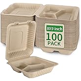 Aricsen 100 Pack 3 Compartment Compostable 8x9 Inch Takeout Lunch Box Containers with Lid To Go Take Out Clamshell for Food, Disposable Eco-Friendly Biodegradable Bagasse, PFAS-Free, Brown
