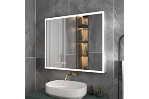 ExBrite Lighted Medicine Cabinet 36x30 Inch,Recessed or Surface led Medicine Cabinet, Clock&Room Temp Display,Defog,Stepless Dimming,Medicine Cabinet with Lights 3-Color Temper Chang, Outlets & USBs