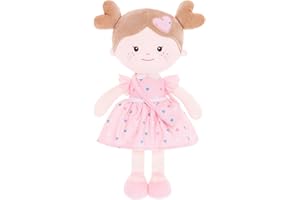 Onetoo First Baby Dolls Plush Rag Doll Soft Baby Toy Girls Sleeping Cuddle Buddy Doll Wear Pink Dress 14"