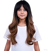 WAVELNM Kids Black Ombre Blonde Wigs Long Wavy Dark Root Wig with Bangs for Girls Black to Blonde Wig Child Synthetic Wigs for Daily Party Halloween Use