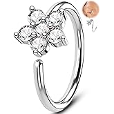 Melighting 20G Twist Nose Ring Hoop, 316L Surgical Steel Open Seamless Flower Nose Piercing Jewelry, with 3, 4, or 5 Round CZ Nostril Ring for Women Septum Cartilage Helix Piercing Jewellery