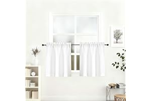 Lecloud White Kitchen Curtains 24 Inch Length 2 Pcs, Soft Light Filtering Faux Linen Textured Small Tiers, Short Window Drapes for Cabinet Bathroom RV Camper Basement Cafe, Each Panel 30" W x 24" L