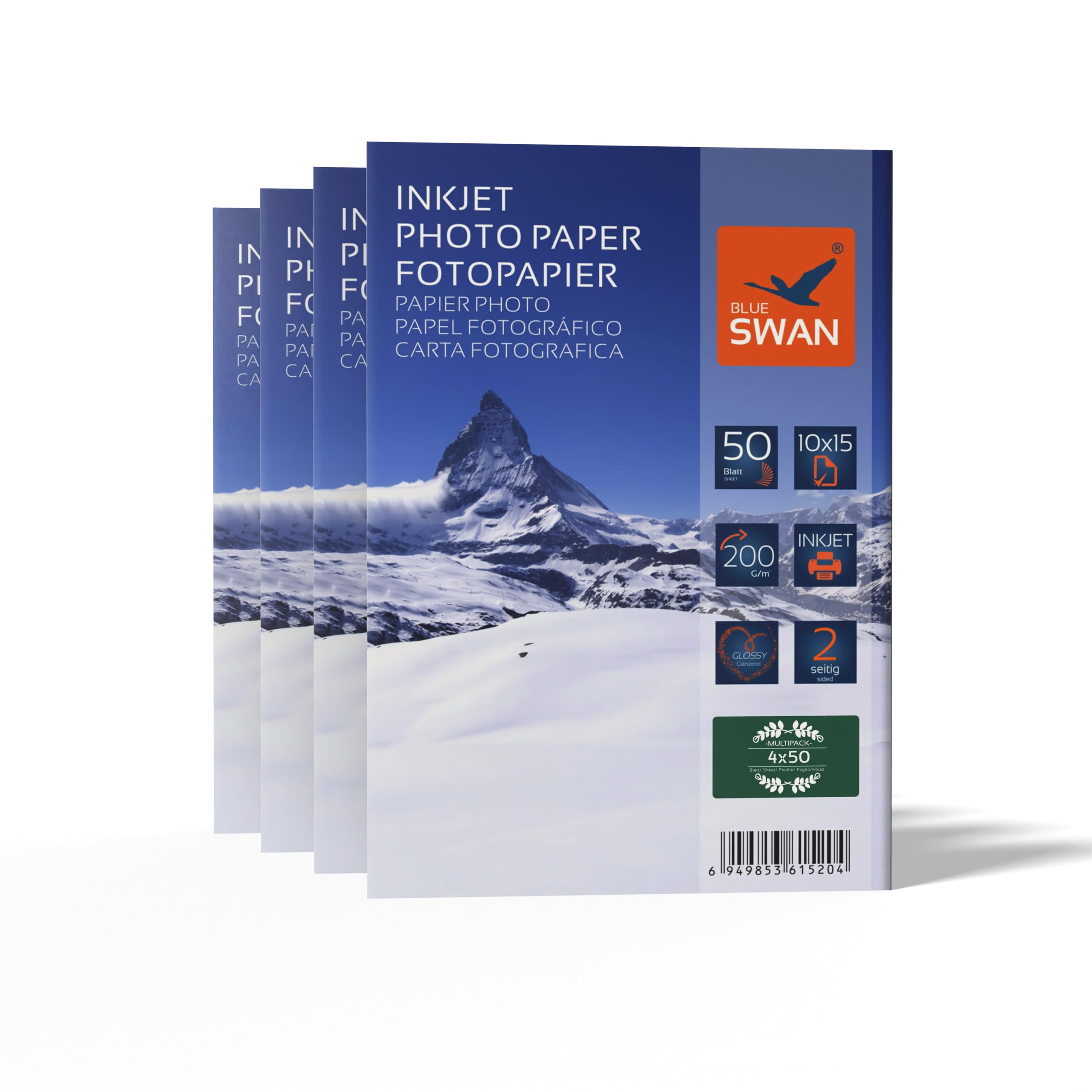 Blue Swan 10×15 cm Glossy Photo Paper, 200gsm, 200 Sheets – Double-Sided High Gloss, Water-Resistant, Quick Dry, Scratch-Resistant – for Photos, Albums, Flyers, Presentations