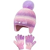 Girls Winter Hat and Gloves Set, Kids Cat Embroidered Knit Beanie with Earflaps Fleece Lined Pom Pom Ski Cap for 2-10Y