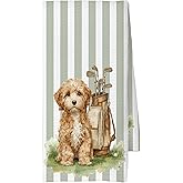 CUANFDDSF Cockapoo Golf Kitchen Towels, Cockapoo Gifts, Golfer Gifts for Women Men, Sage Green Striped Golfing Dog Decoration Tea Towels Kitchen Hand Towels 16x24 Inch for Kitchen Bathroom Decor