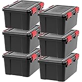 IRIS USA 18 L WEATHERPRO Plastic Storage Box with Durable Lid and Seal and Secure Latching Buckles, Black with Red Buckles, 6