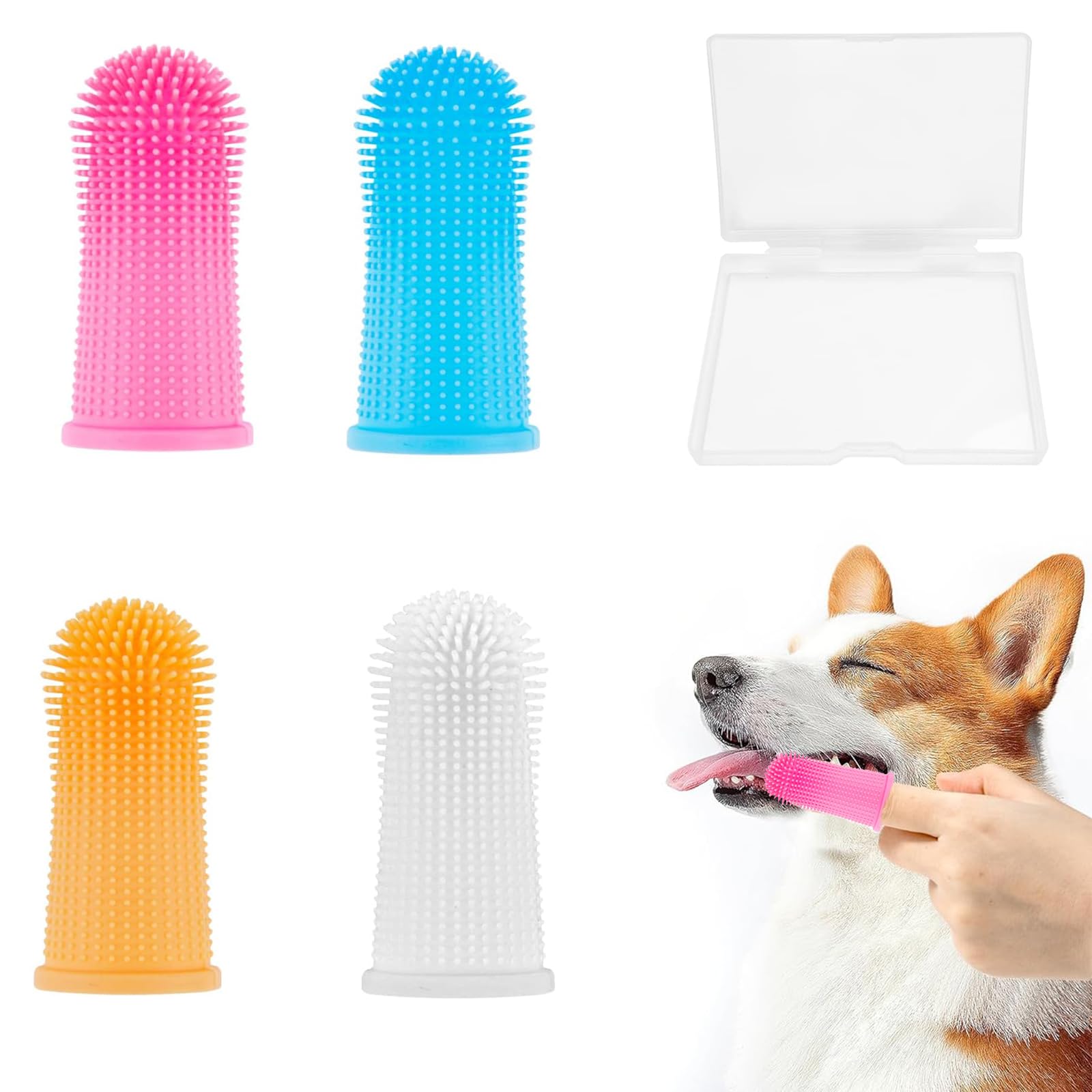 ieron 4 Pcs Dog Toothbrush, Pet Dental Care 360º Silicone Finger Teeth Cleaning Tools for Dog, Cats Finger Toothbrush with Box