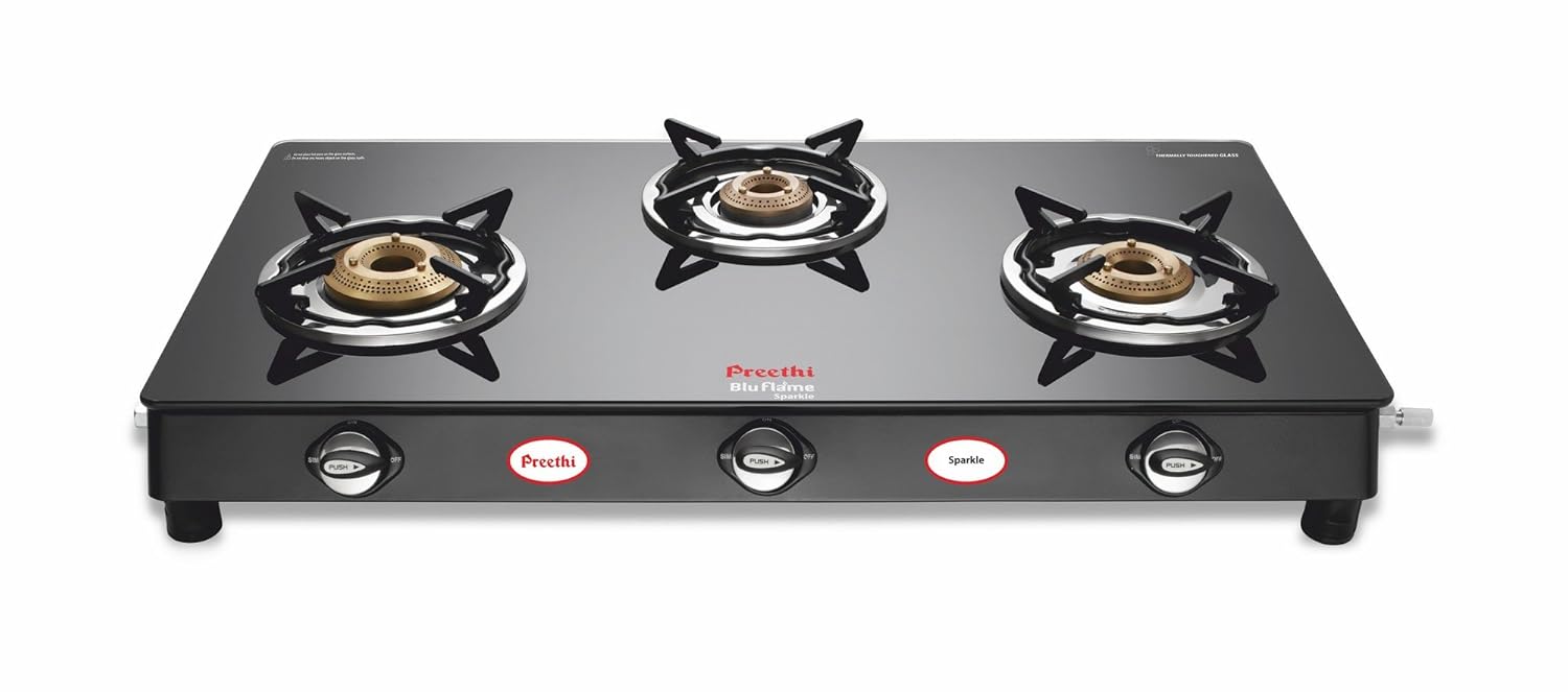 Preethi Blu Flame Sparkle Glass Top 3 Burner Gas Stove