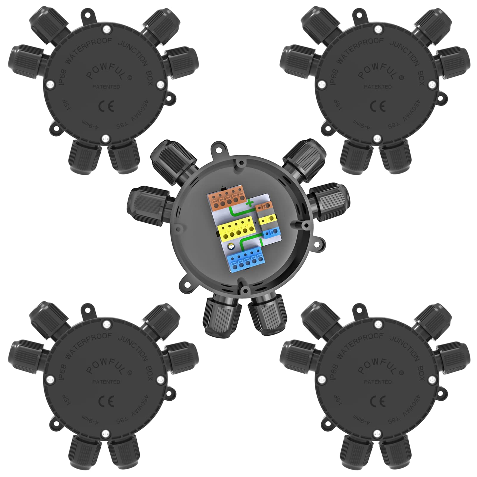 POWFUL Outdoor Waterproof Junction Box, 32A, 4-9mm Cable, 2-6 Way, Quick Install, No Tools, 5 Pack