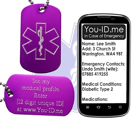 Demenz Medical Alert ID SOS Halskette violett Graviert Aluminium Armee Anhänger Dog Tag Schmuck. Smartphone Gerät Medic Alert