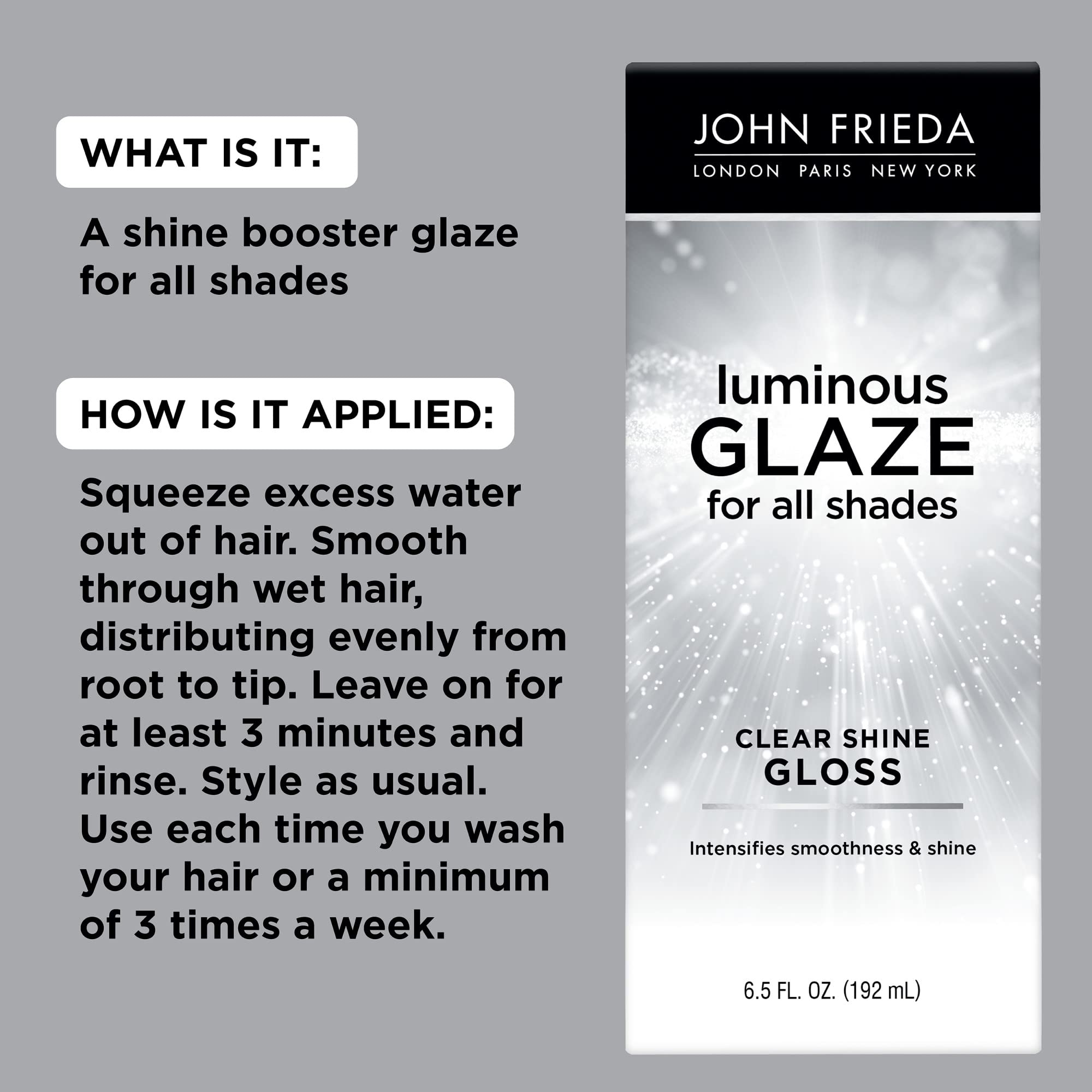 John Frieda Luminous Glaze Clear Shine Hair Gloss, Enhances Color and Adds Gloss for a Reflective Sheen on Color-Treated or Natural Hair, 6.5 Oz, Pack of 2
