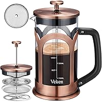 Veken French Press Coffee & Tea Maker, 304 Stainless Steel Heat Resistant Borosilicate Glass Coffee Press with 4 Filter…
