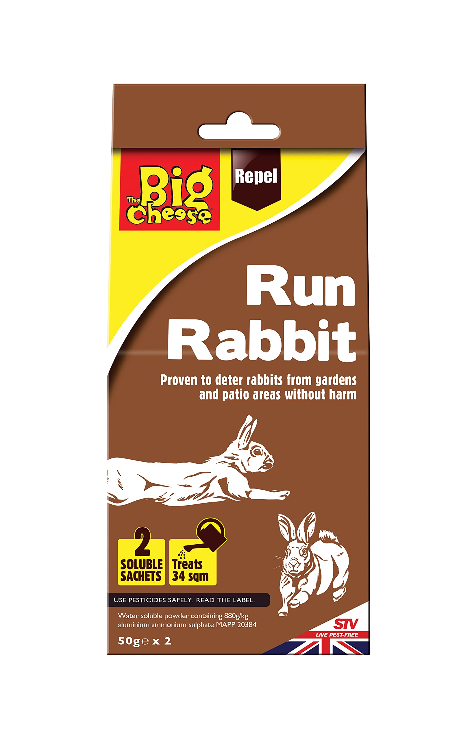 The Big Cheese Run Rabbit Repellent Sachet. Humane Rabbit Deterrent. Prevents Burrowing, Foraging and Fouling. Ideal for Gardens, Flowerbeds, Allotments, Crops and Patios. Treats up to 34m2. Soluble