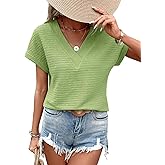 EVALESS Womens Cap Short Sleeve Textured Tops Summer Dressy Casual V Neck Solid Loose Basic T Shirts Tee Blouses
