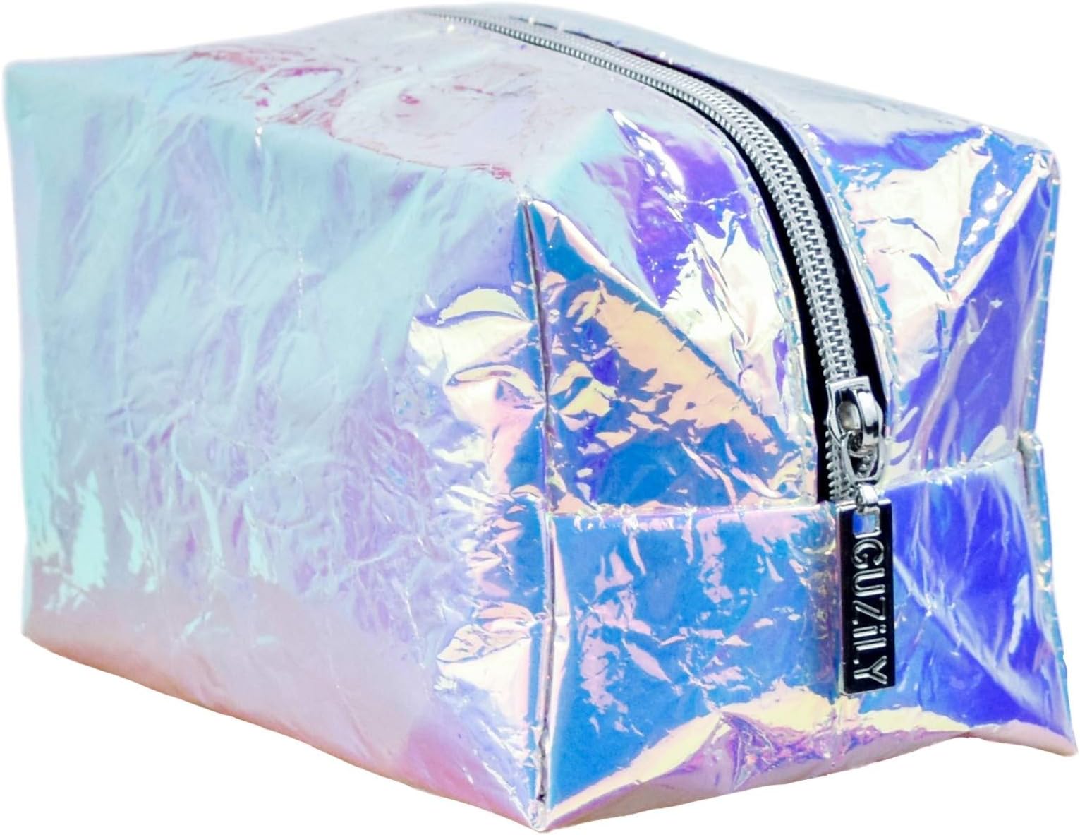 Guzily Holographic Makeup Bag, Cosmetic Bag, Toiletry Bag, Travel Pouch, Pencil Case, with Iridescence Rainbow Crinkle Metallic Designer TPU Fabric, Unisex Organizer, 1 Large Holographic Makeup Bag