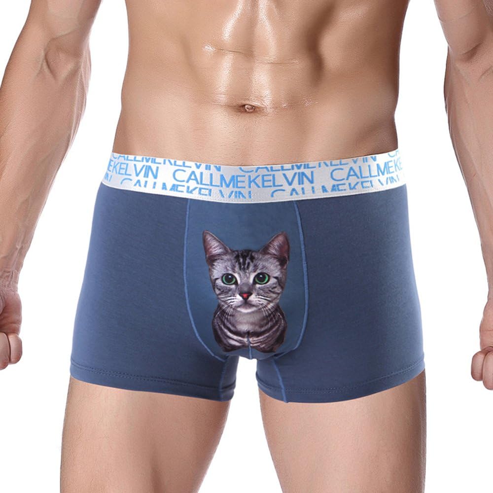 JUMUU Men's Cat Animal Print Stretch Underwear Bulge Pouch Boxers Briefs Underpants (Medium/29-31Waist, Dark Blue)