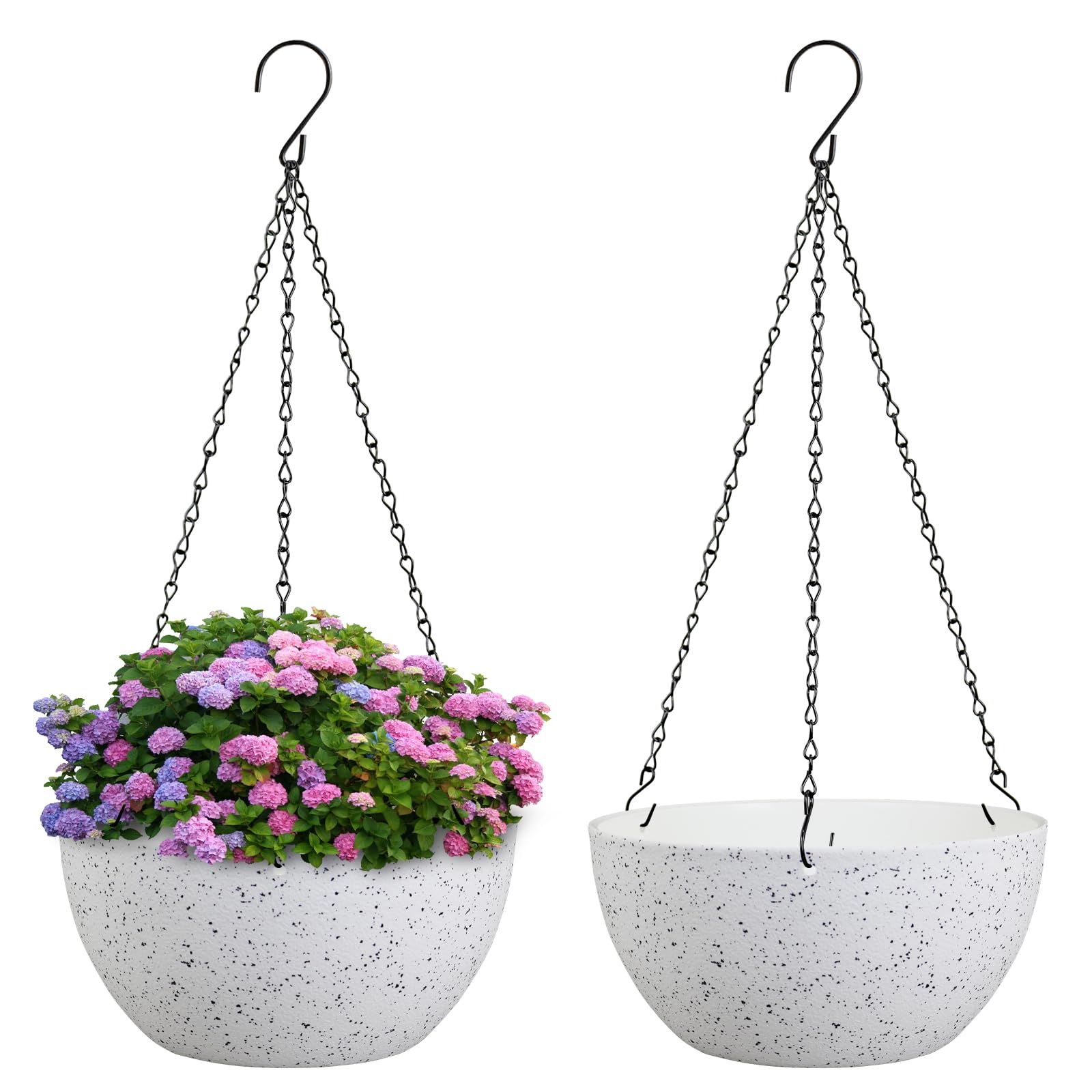 Photo 1 of Meowell 8 inch Hanging Planters for Small Indoor Outdoor Plants, 2 Pack Hanging Flower Pots with Drainage Holes and Chain for Garden Porch, Plastic Hanging Baskets for House Plants, Speckled White