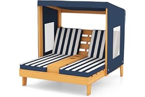 COSTWAY Kids Double Chaise Lounge Outdoor, 2-Seat Patio Lounge Chair with Cup Holders & Cushions, Kids Pool Lounger with Canopy, Wood Patio Furniture for Children Boys Girls 3 Year Old (Navy)