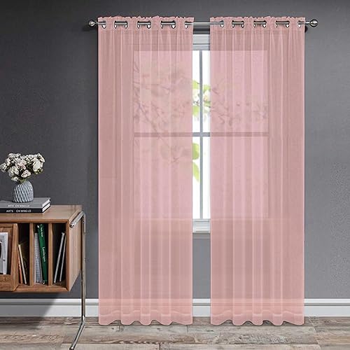 Joydeco Net Curtains for Windows 84 Inch Drop - 2 Panels, Woven Eyelet Voile Sheer Curtains for Living Room Bedroom, Decorative Semi Transparent Long Window Treatment, 52x84 Inch, Pink