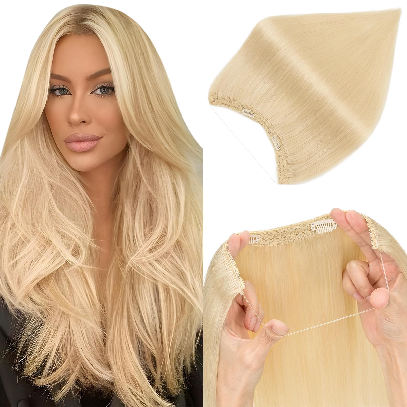 Elailite Secret Wire Clip in Hair Extensions Real Human Hair Invisible One Piece Hair Extension Headband Straight - #613 Bleach Blonde - 12 Inch (55 g) — image 1